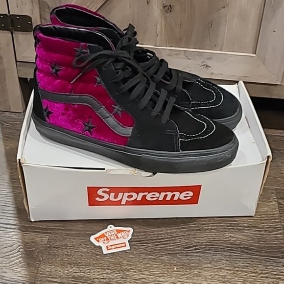 🔥RARE Supreme X Vans Sk8-Hi Velvet Stars Pink Black Mens - Picture 2 of 13